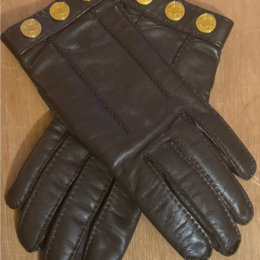 HERMES Authentic Lamb Leather Sellier Button Logo Gloves Sz 6.5 Small - Picture 9 of 9